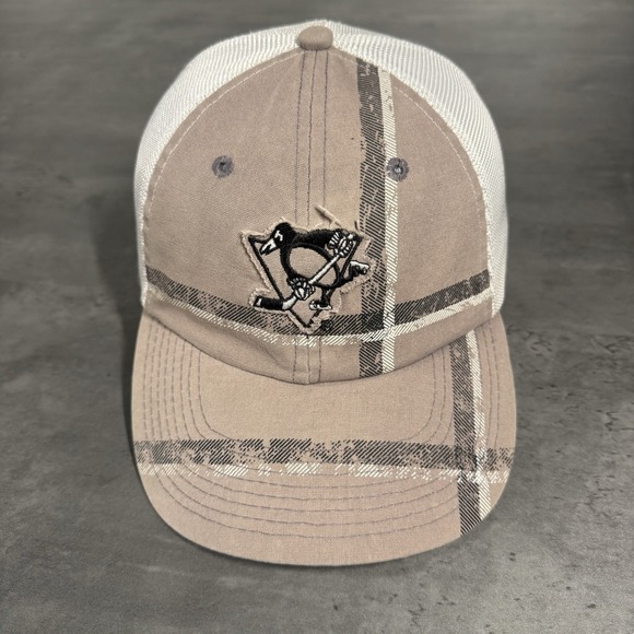 Other - Vintage Pittsburgh Penguins Hat Gray Black Plaid Distressed Mesh Trucker Cap NHL